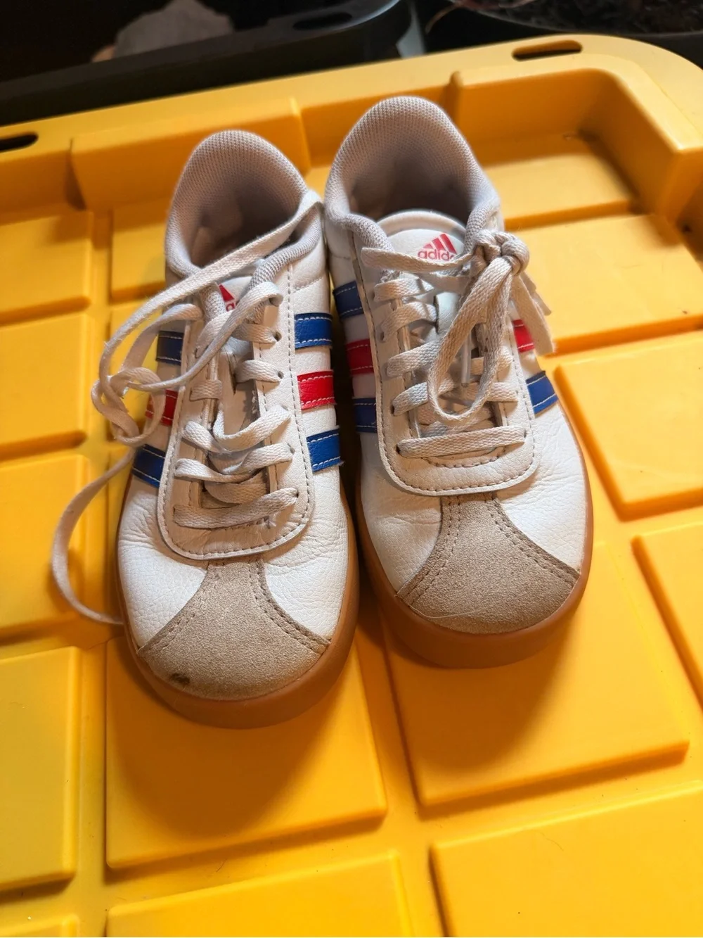 adidas Kids White Sneakers with Blue & Red Stripes
